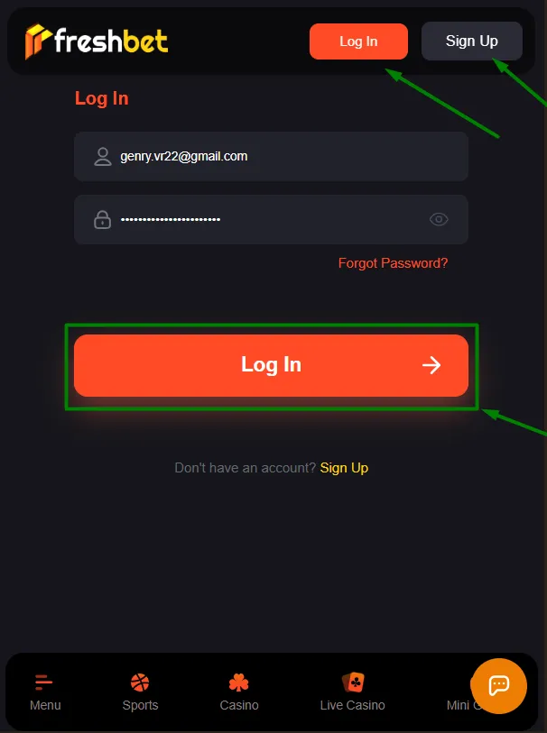 FreshBet login page for UK players