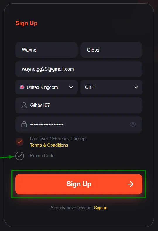 FreshBet registration form for UK players